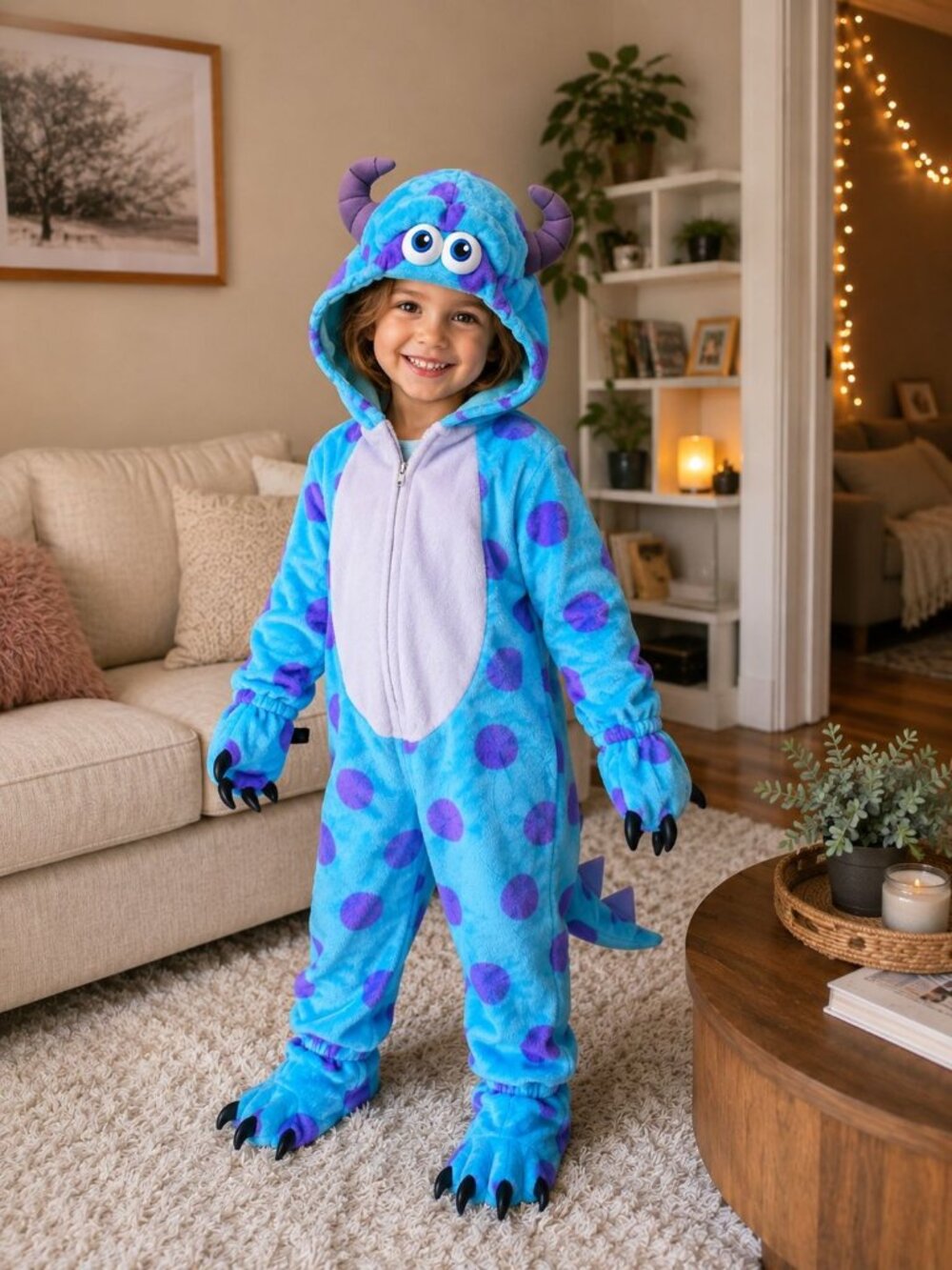 Disney Pixar Monsters Inc Sulley Kids Costume Pajamas 4T-5T Blue Plush Hooded On